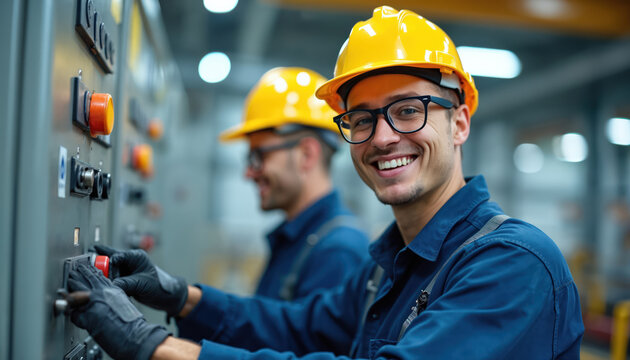 Smiling industrial worker in hard hat and safety glasses. Two male engineers in protective uniform work at power plant, press red button on electrical panel. Technician, teamwork.