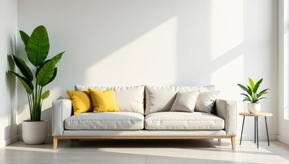 Low sofa against plain wall with minimal table and green plants, interior design, simple decor