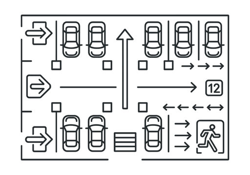 Linear parking icon set: spaces, arrows, signs, and directions for navigation