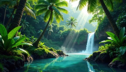 Naklejka premium Lush canopies of exotic foliage drape over crystal clear streams and waterfalls in a serene tropical oasis, tropical, jungle