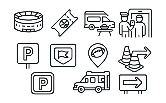 Sports event icon set: stadium, ticket, tailgate, parking, cones, and more in linear style