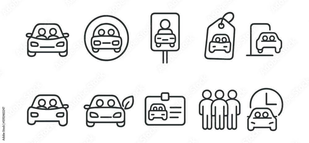 Poster transportation and carpooling icon set: linear style for easy navigation and sharing