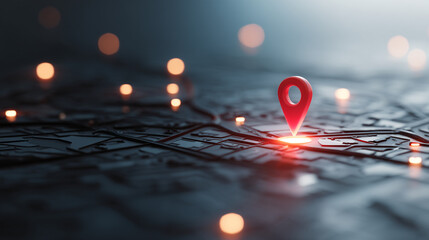 Red location pin on a dark map with glowing lights indicating nearby points of interest location search