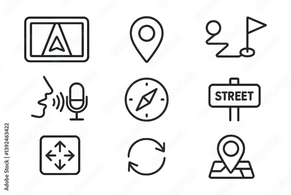 Poster navigation icon set: linear style with gps, compass, and map symbols