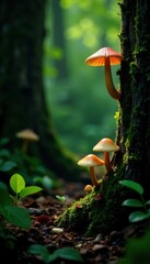 Lush forest with various mushroom species growing on tree trunks and branches, fungi, nature