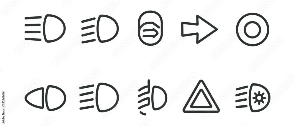 Poster car dashboard icons set: linear style for vehicle controls and indicators
