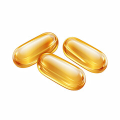 Realistic illustration of three golden softgel capsules for dietary supplements, isolated on transparent background