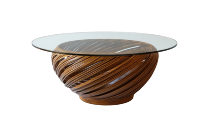 Elegant coffee table design : An artistic coffee table, crafted with a spiral wooden base, topped with a round glass surface. This design combines functionality with an artistic touch.