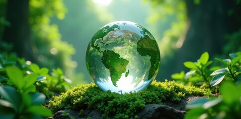 Lush greenery surrounds a glass globe, suspended high above the ground , Glass Structure, Leafy Environment