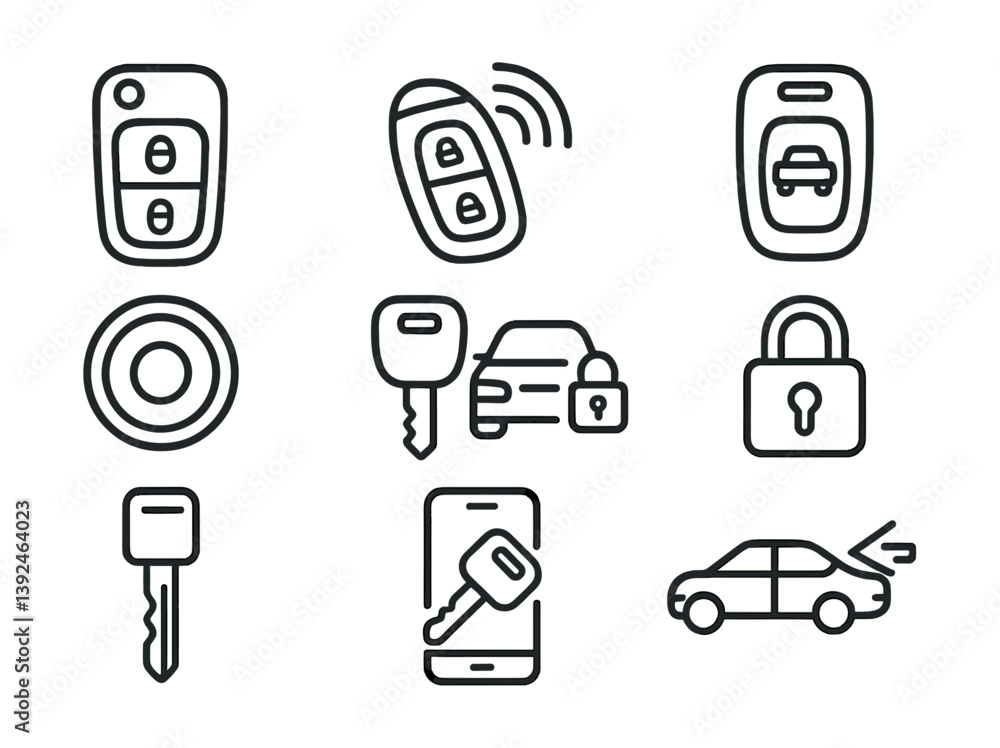 Poster car security icon set: keys, remote controls, and locks in linear style