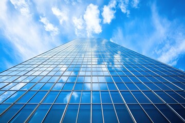 Glass Facade of a Skyscraper Reflecting Clouds and Blue Sky