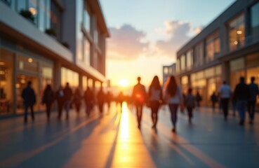 Obraz premium Blurry silhouettes people walking in modern shopping center. Warm sunset light reflects on glass. Urban lifestyle scene with motion. Leisure activity. Evening mood.
