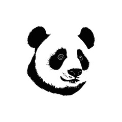 A black and white vector silhouette of a sitting panda holding bamboo with a calm expression on a white background
