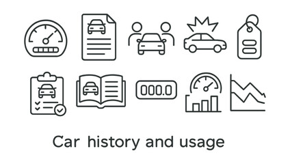 Fototapeta premium Car history and usage icons set - linear style: documents, graphs, and more
