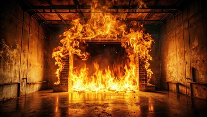 Fototapeta premium A majestic fire engulfing a darkened room with flickering flames dancing on the walls, fireplace, ambiance, fireplace, ambiance