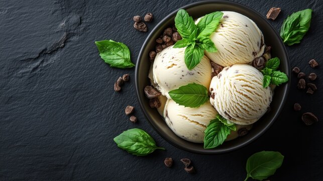 Creamy chocolate mint ice cream served in a bowl with fresh basil leaves on a dark slate background
