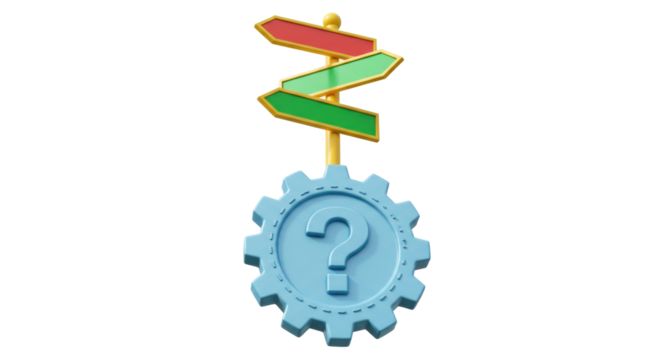 Isolated Directional Sign on Cogwheel with Question Mark