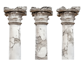 Ancient weathered columns reflecting historical architecture and time, cut out