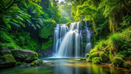 Obraz premium Pristine waterfall cascading through lush green vegetation, peaceful, cascade, peaceful, cascade, outdoor, water feature