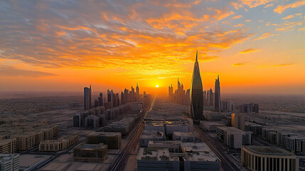 Fototapeta premium City sunrise, aerial view, skyscrapers, vibrant sky, urban development