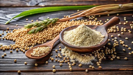 Healthy organic sorghum flour on a dark wooden background with scattered seeds and a few stalks, showcasing the natural texture of the grain, whole grain, natural texture