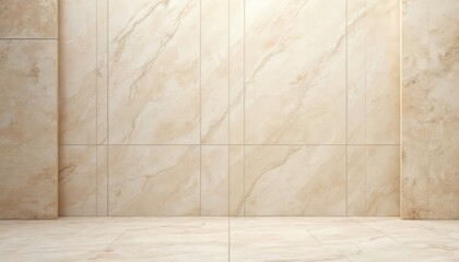 Naklejka premium Beige marble wall background texture. Empty space design. Interior decor backdrop, modern minimalism. Light beige stone wall tile floor. Luxury design, elegant architecture, clean style.