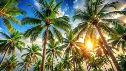 Obraz premium Tropical palm trees stand tall, their leaves rustling in the warm sunlight, swaying gently in the summer breeze