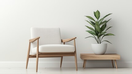 Fototapeta premium Elegant Living Room Scene with Modern Armchair Fresh Green Plant and Wooden Table Minimalist Design