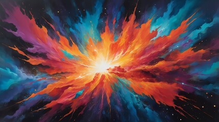 Acrylic on canvas featuring a fiery burst of color gradients, resembling the motion of an exploding nebula in a cosmic-inspired kinetic composition