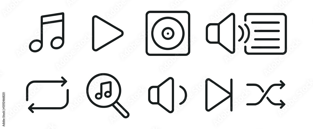 Poster music player icons set: 10 linear icons for audio and media controls