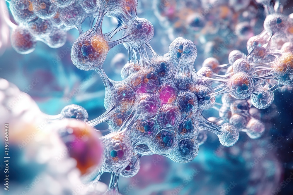 Poster exploring the intricate structure of molecules in a vibrant microscopic world