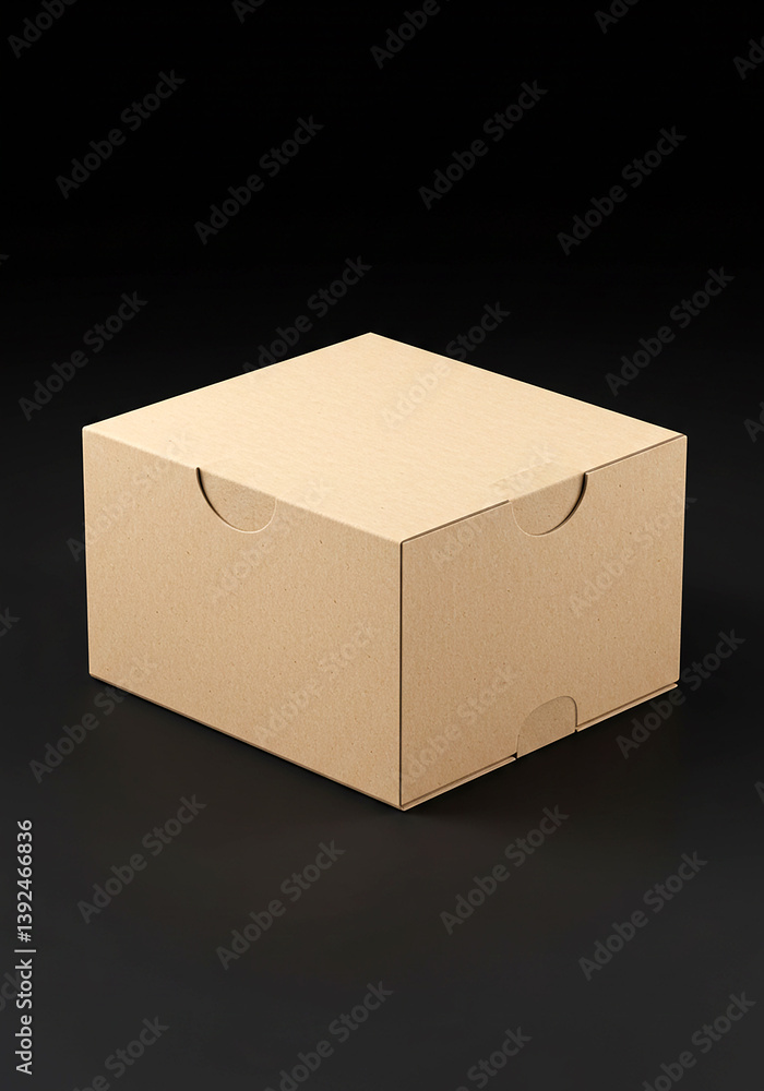 Poster square box made of brown cardboard resting on a plain black surface. simple package. empty carton. g