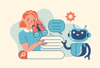 Vector illustration of a young woman using generative AI tools with a robot assistant. Search and SEO concept with chatbot interaction and voice communication. Exploring ideas and answers online