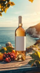 Bottle of white wine resting on wooden table with scenic coastal view at sunset