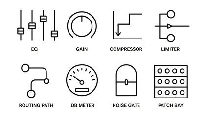 Professional audio equipment linear icons set with eq, gain, and more