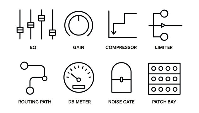 Professional audio equipment linear icons set with eq, gain, and more