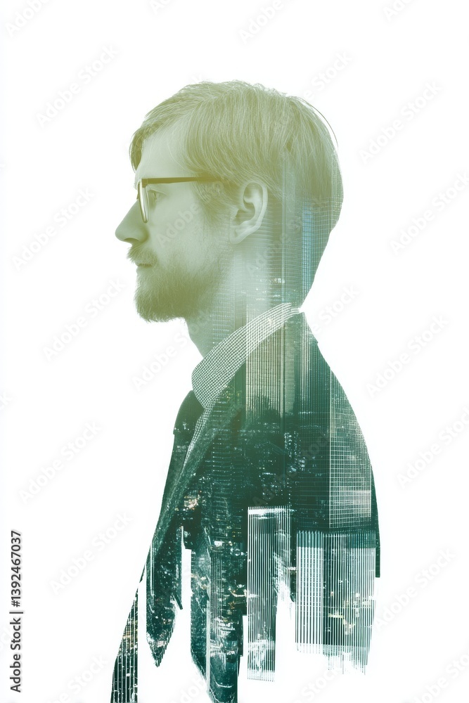 Poster a cityscape serves as the background for a computer generated image of a man's face, which embodies 