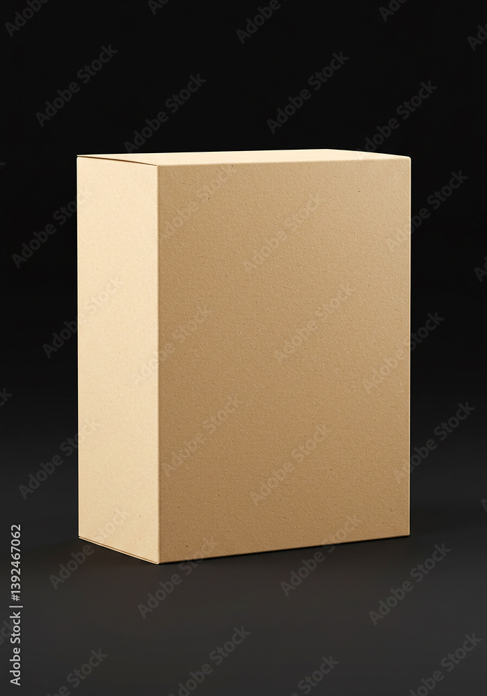 Poster simple brown box stands still. package is closed. cardboard box on dark surface. minimal shot of con