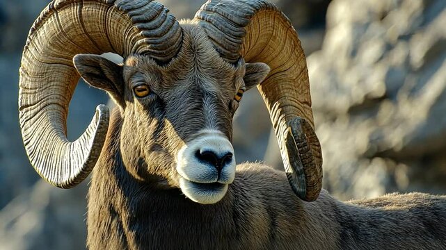 Majestic Close-Up of a Rocky Mountain Sheep with Impressive Horns Against a Natural Backdrop Highlighting Wildlife and Nature's Beauty