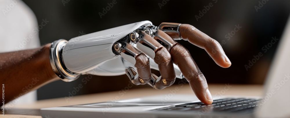 Poster in a futuristic context, the convergence of ai, machine learning, and a robot's hand touching a big 