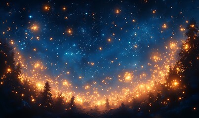 Fototapeta premium Magical Forest Night Sparkling Stars Glowing Trees.