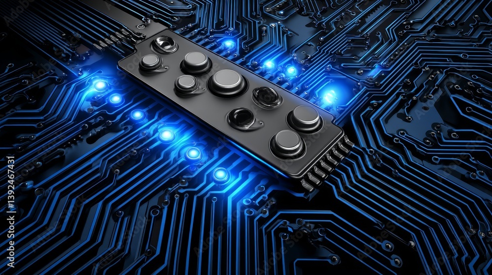Poster electronic computer hardware featuring abstract circuitry technology set against a circuit board bac