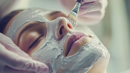A woman is receiving a facial treatment at a beauty salon, where a white bowl, brush, face mask, and a hand clad in light purple gloves are present