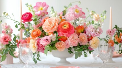 Table decor with a centerpiece composed of ranunculus flowers and two empty patterned crystal glasses