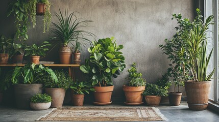 Fototapeta premium Serene indoor garden oasis featuring potted plants against a textured wall providing a natural botanical vibe