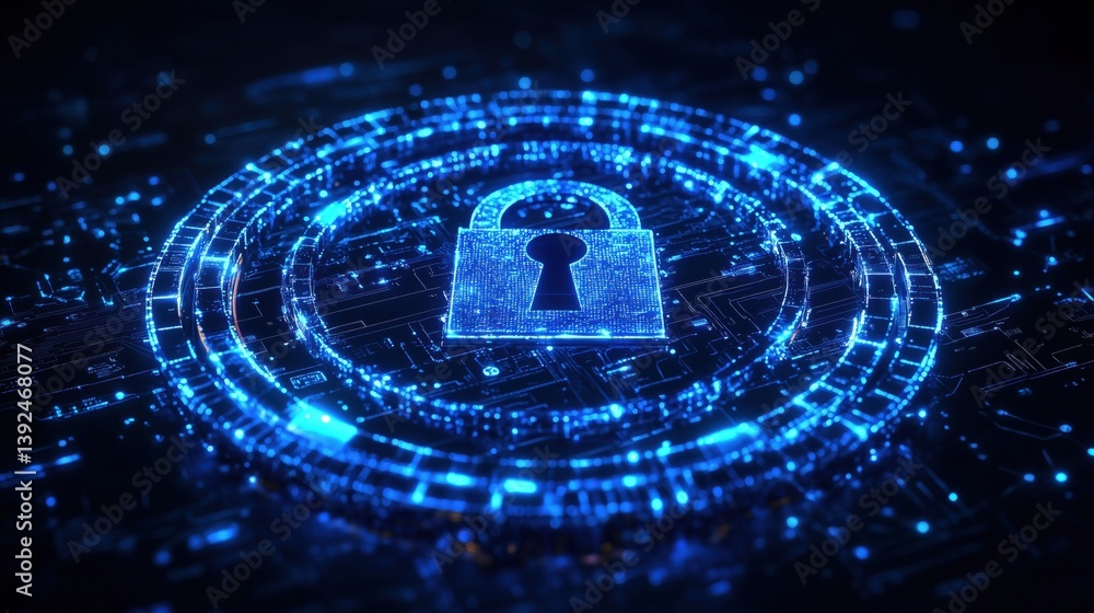 Poster digital security lock concept displayed in futuristic blue technology background representing cybers