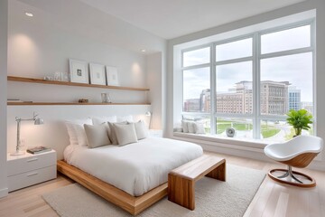 Fototapeta premium A contemporary master bedroom with large windows and minimalist decor
