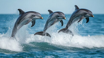 Fototapeta premium Three dolphins leaping, ocean waves, sunny day, wildlife, marine life