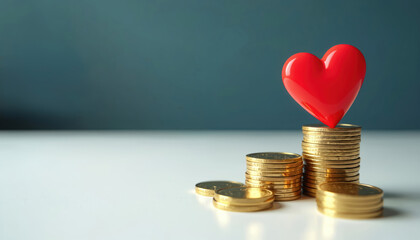 Red heart symbol on gold coin stacks. Illustration represents financial support love, well-being, wealth, investment. Concept for charity, savings, growth, value, trust. Business, technology,