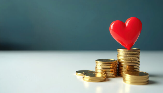 Red heart symbol on gold coin stacks. Illustration represents financial support love, well-being, wealth, investment. Concept for charity, savings, growth, value, trust. Business, technology,